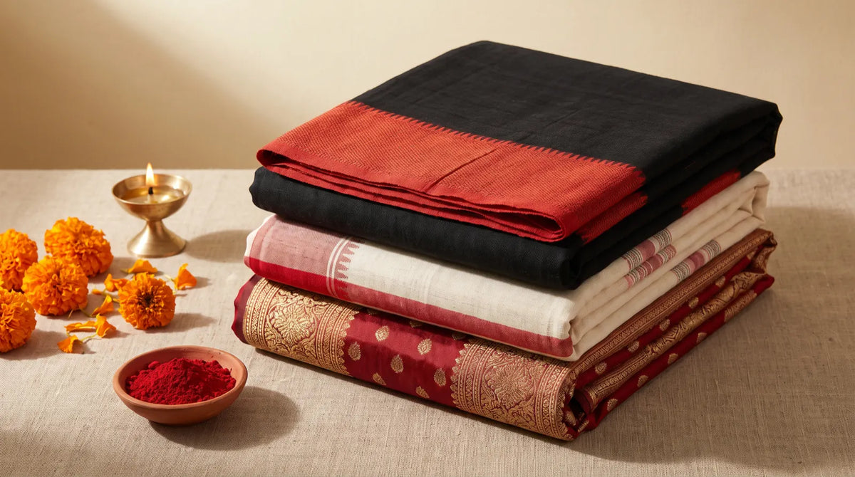 Folded black, off-white and red handloom sarees stacked beside a brass diya, marigolds and a bowl of sindoor