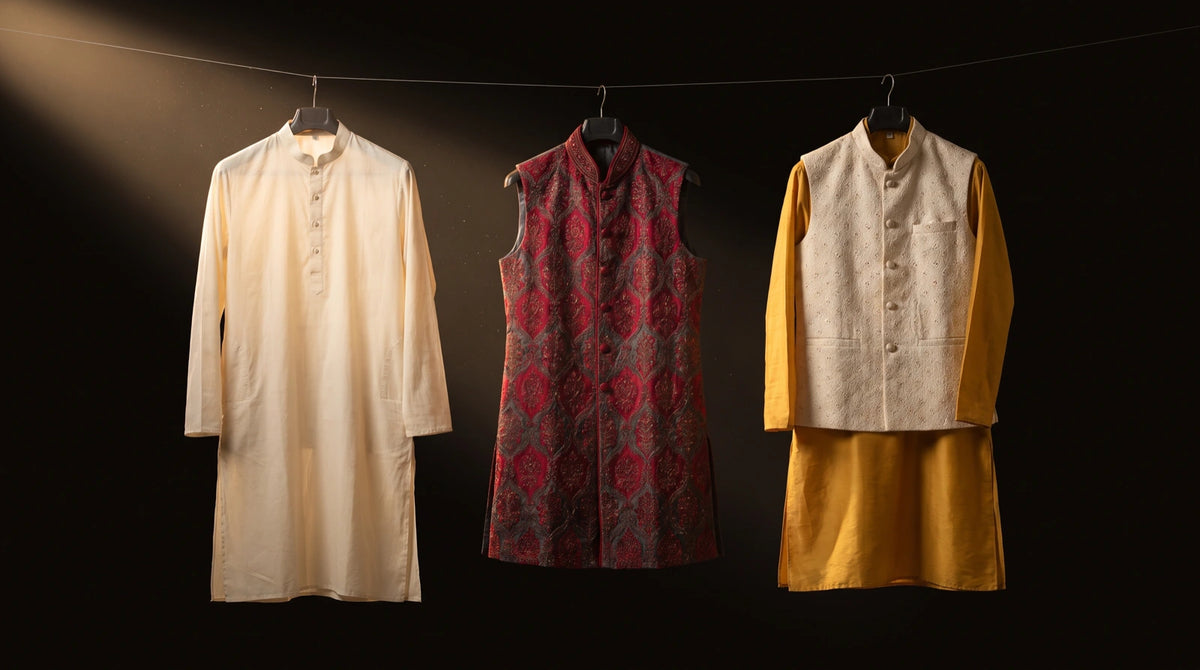 A plain cream panjabi, a ruby and charcoal embroidered long jacket, and an ivory embroidered jacket over a mustard kurta, hanging in a row against black
