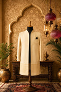Beige long jacket with stand collar and black pocket square detail
