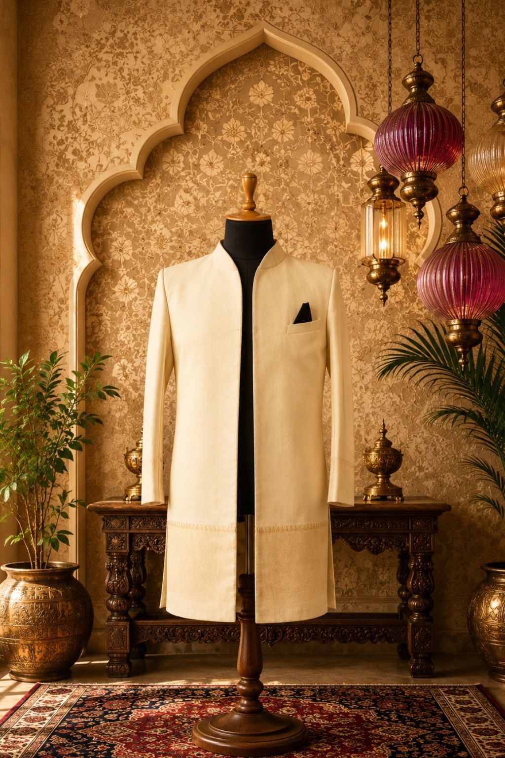 Beige long jacket with stand collar and black pocket square detail