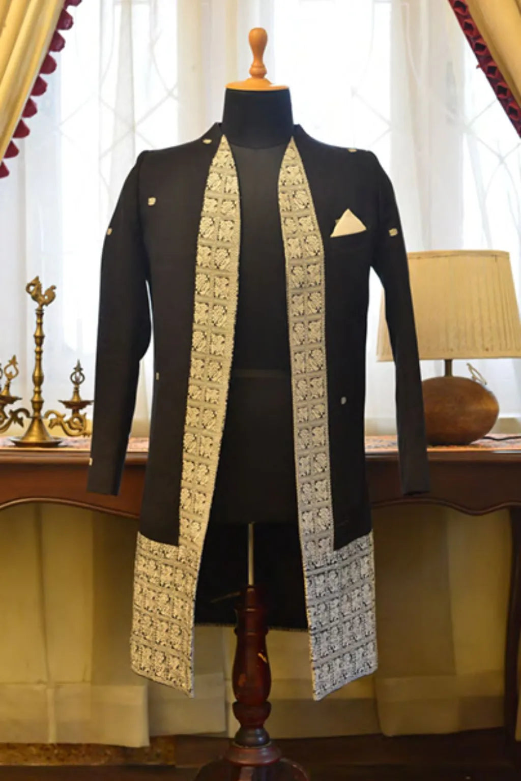 Black Begumpuri Khadi Long Jacket