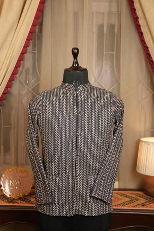 Classic Pattern Kurta in dark and white geometric weave, stand collar and button placket.