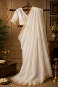 Off-white draped satin gown with short sleeves and textured overlay