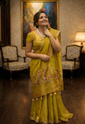 Floral Sage Symphony mustard-green floral embroidered kurta set with dupatta and tassels