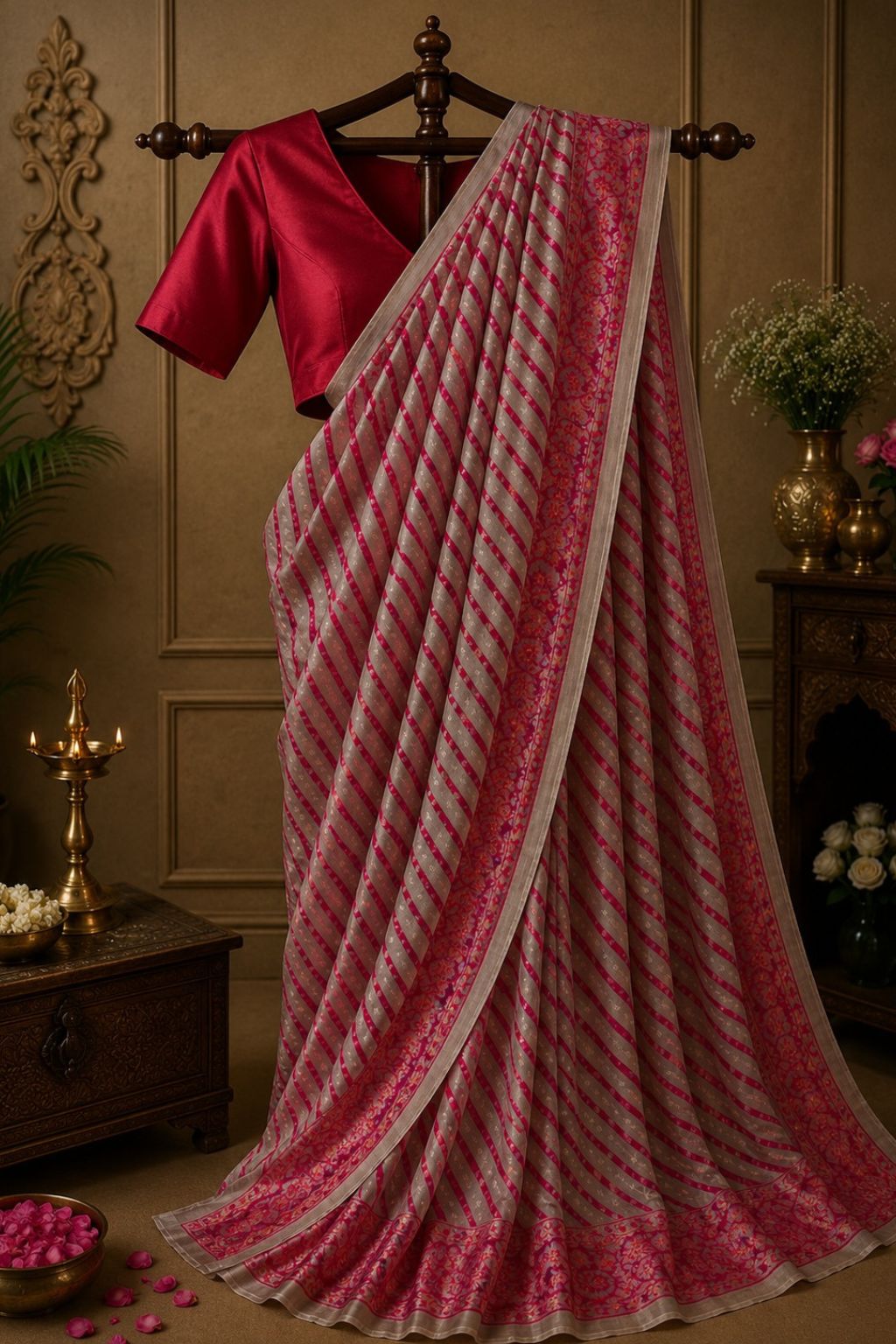 Gulabi Noor striped saree with maroon border and pleated pallu, matching blouse