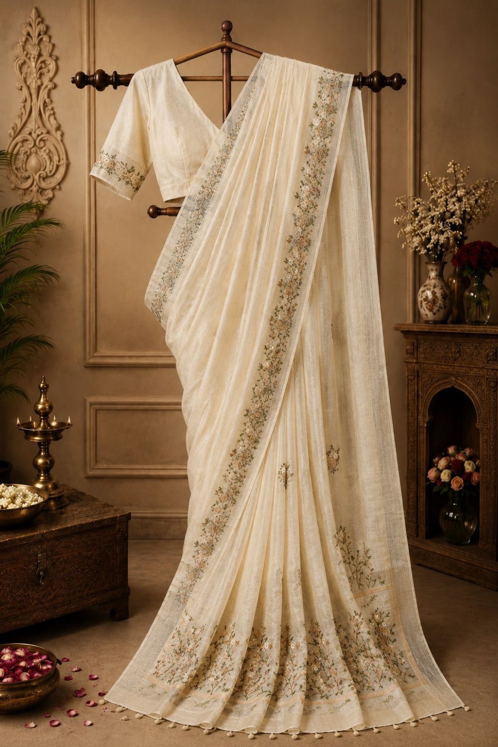 Ivory Kaantha Royale saree with gold-toned floral border and embroidered motifs