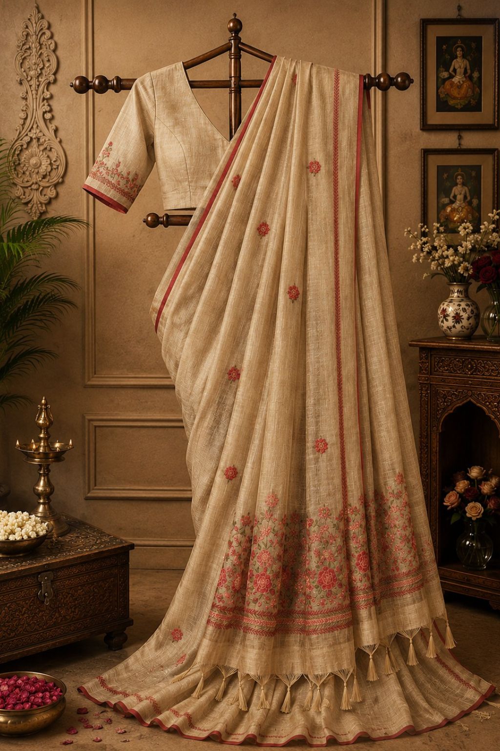 Ivory floral embroidered saree with red motifs and pink-gold border