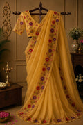 Saffron flower embroidered saree with short-sleeve blouse and multicolor floral motifs