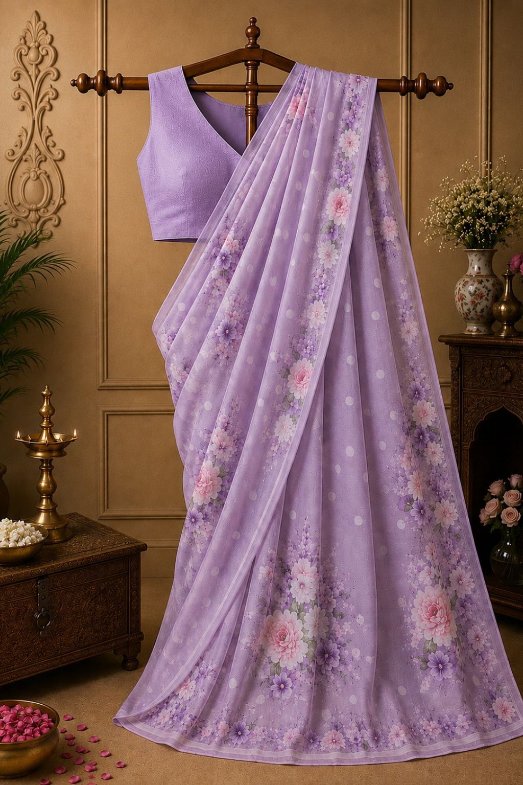 Lavender floral saree with short matching blouse