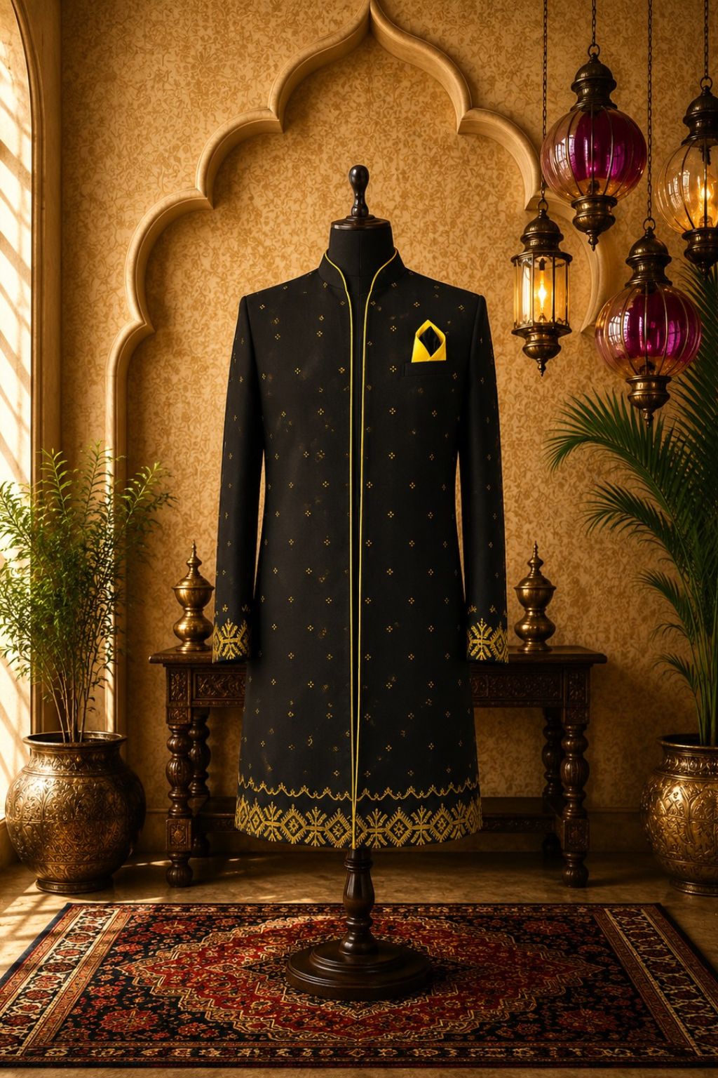 Dark long coat with gold geometric patterning and chest pocket detail