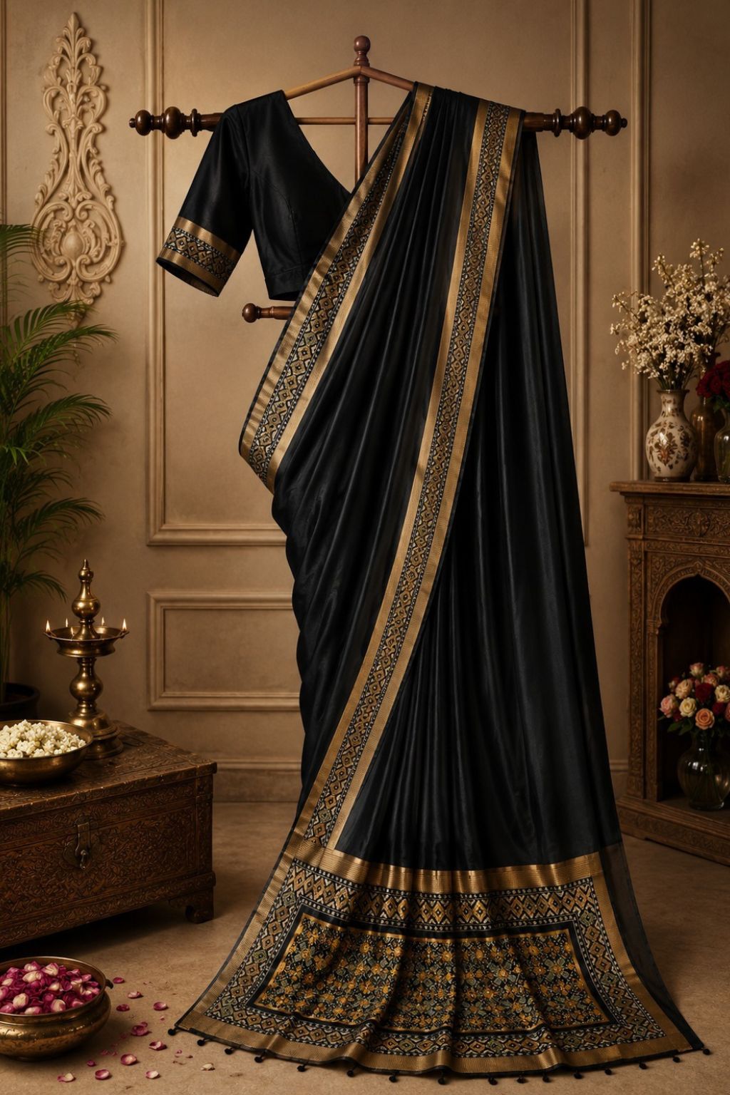 Midnight Zari saree with dark midnight drape and gold zari border, patterned pallu