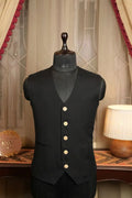 Black formal waistcoat with five front buttons and notched lapel