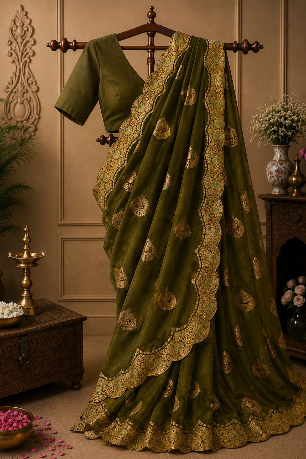 Olive green saree with gold embroidered border