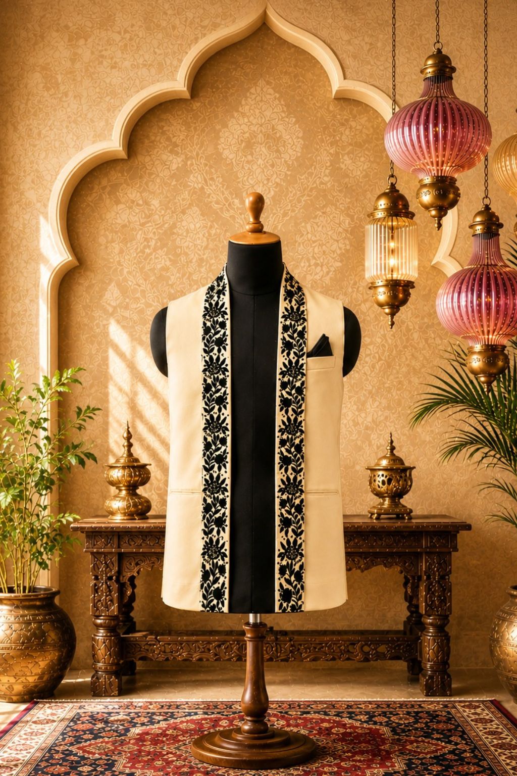 Cream Venetian-style jacket with black embroidered front panels on a mannequin