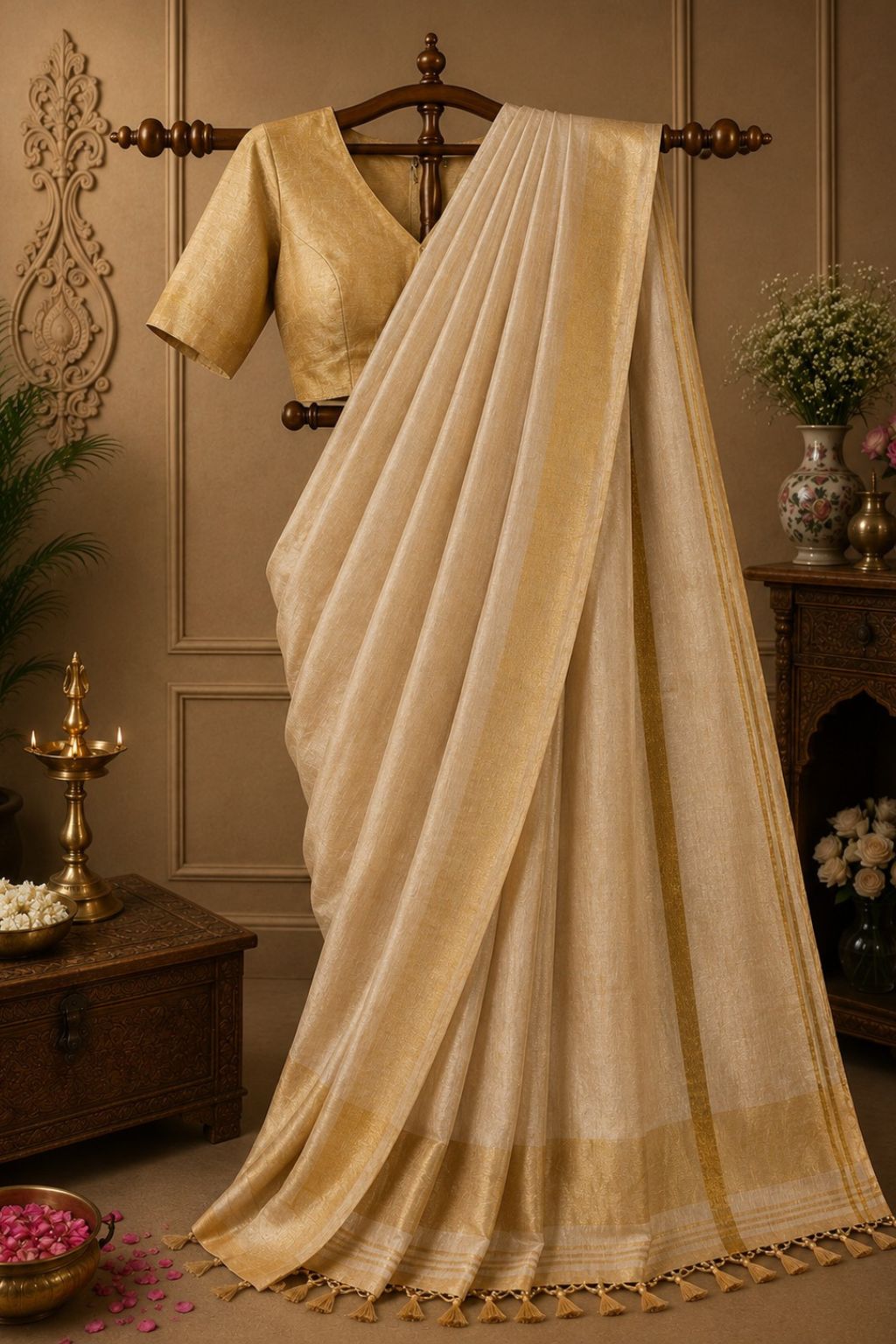 Gold sari with woven border and tassel trim