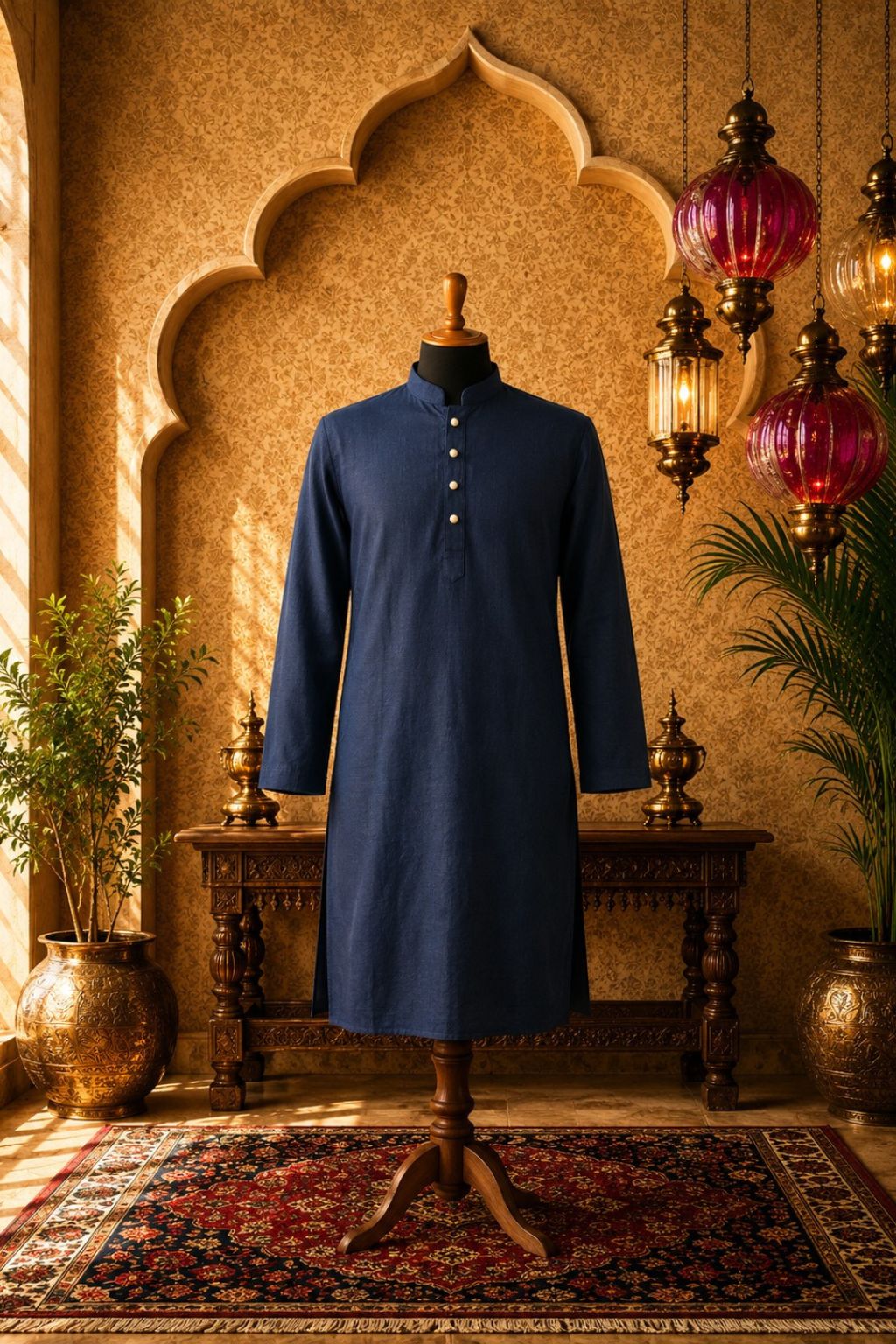 Royal blue kurta with long sleeves, round neck, and front button placket