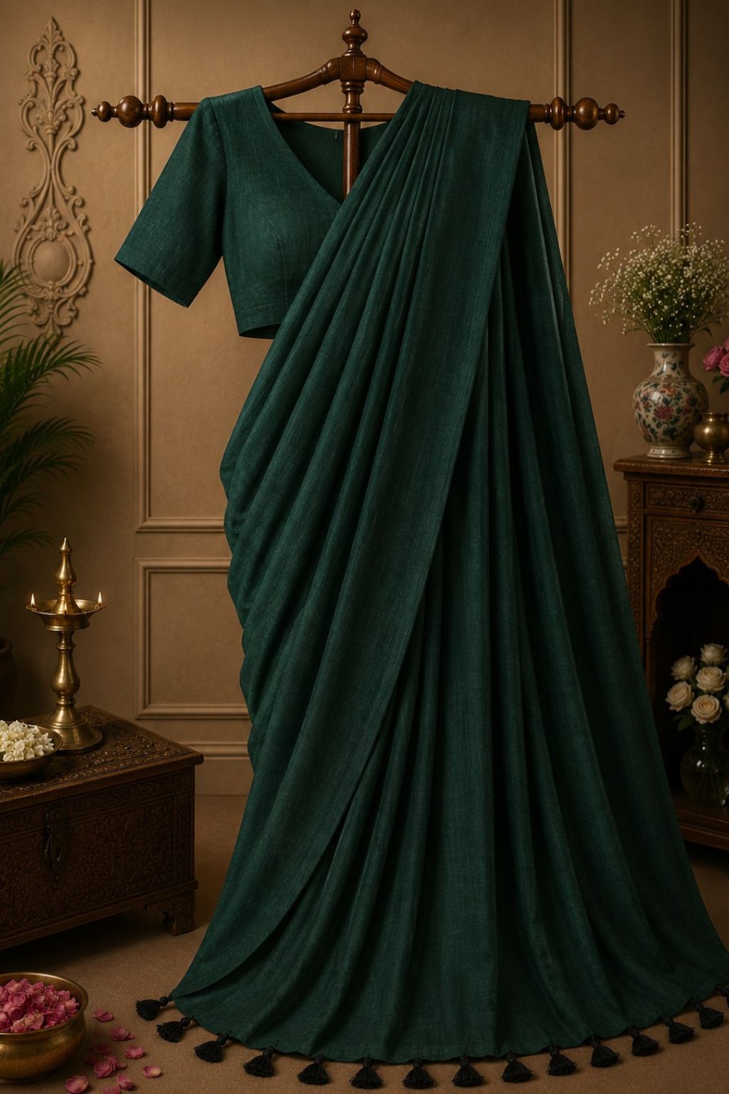 Royal Green Meher dark green draped sari with tassel trim