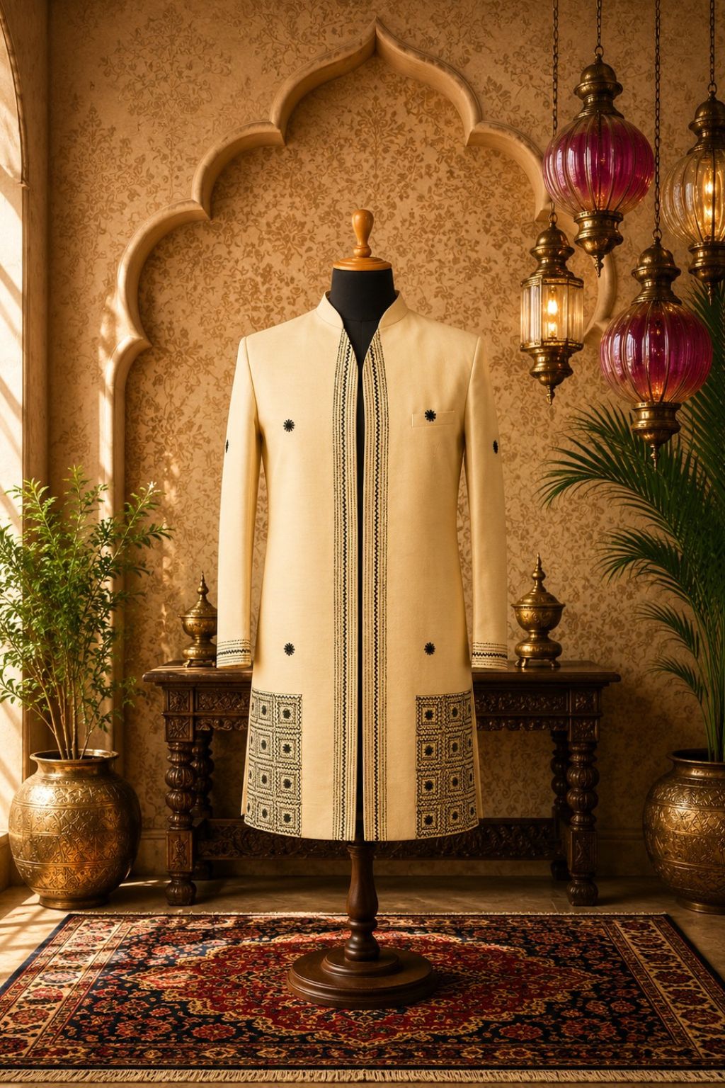 Cream Royal Tussar jacket with black vertical trim and embroidered front panels