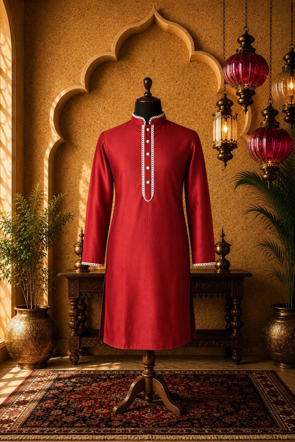 Red long kurta with mandarin collar, central button placket, and contrast trim cuffs