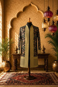 Long open-front jacket with black floral embroidered panels and light contrast lining