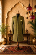 Olive straight-cut jacket with notched lapels, single-breasted front, chest pocket