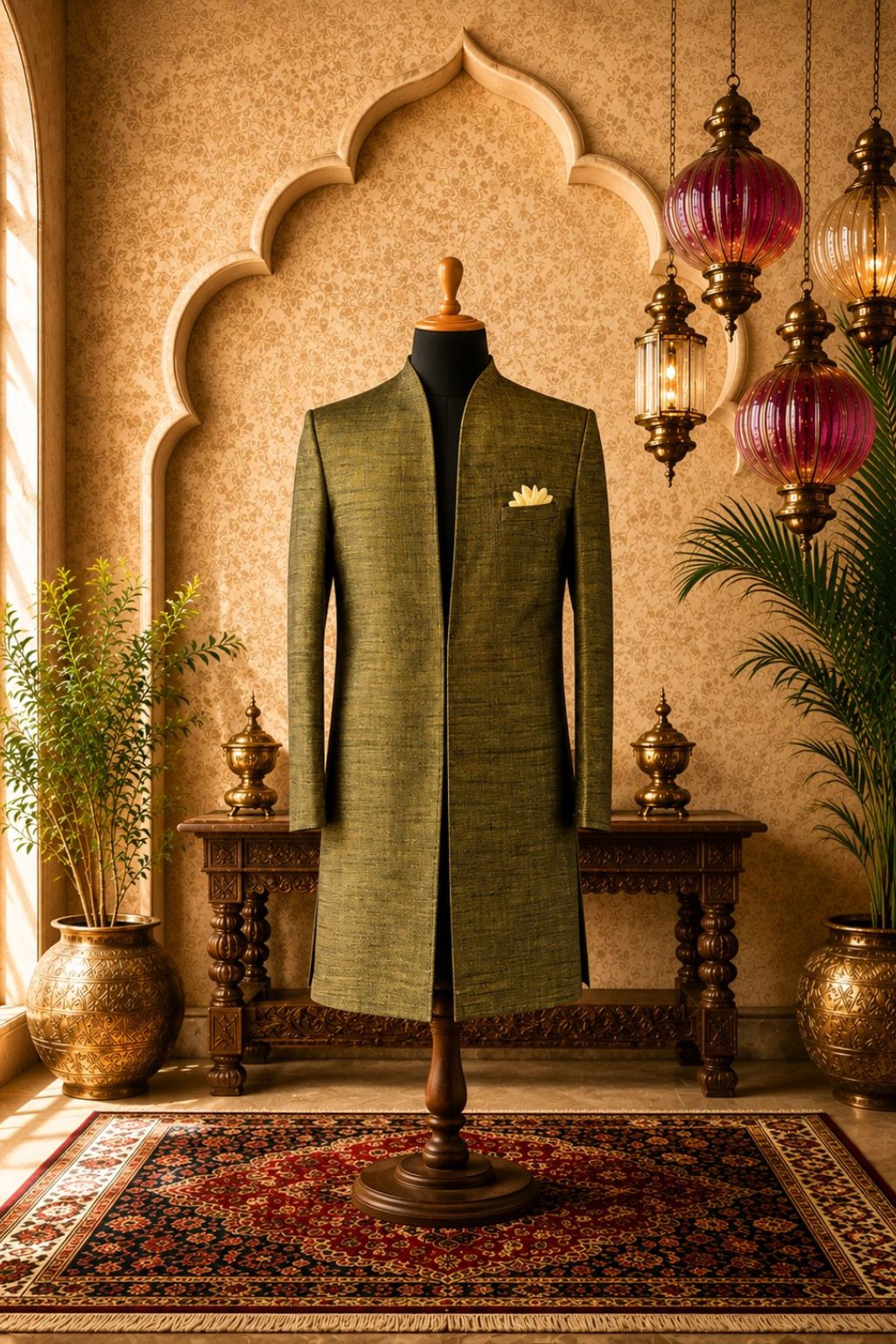 Olive straight-cut jacket with notched lapels, single-breasted front, chest pocket