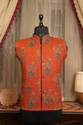 Sunset Bloom Nehru vest in orange with mandarin collar and floral embroidery panels