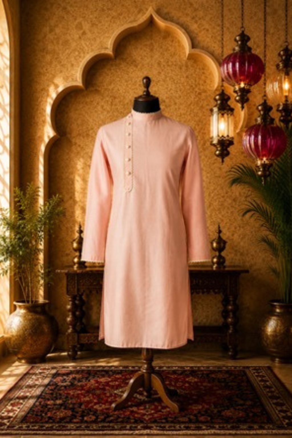 Peach asymmetry kurta with long sleeves and button-front placket, knee-length